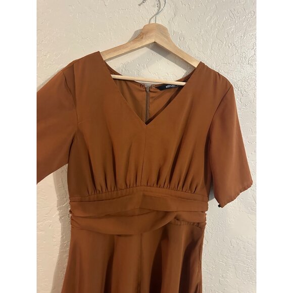 Y eShakti Retro Mocha Brown V Neck Ruched Middle Swing Midi Dress - Picture 6 of 15